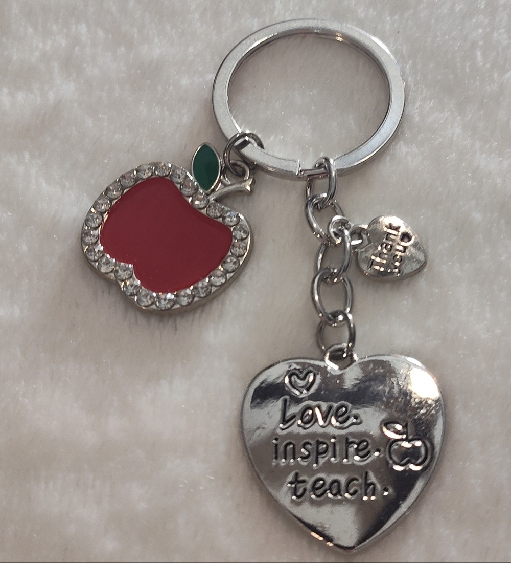 Red Apple and Silver Heart Keychain
